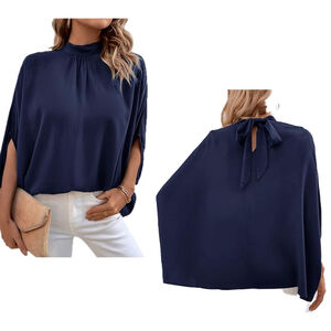 Hapsha navy blue, high neck batwing sleeve pleated blouse Sz L￼
